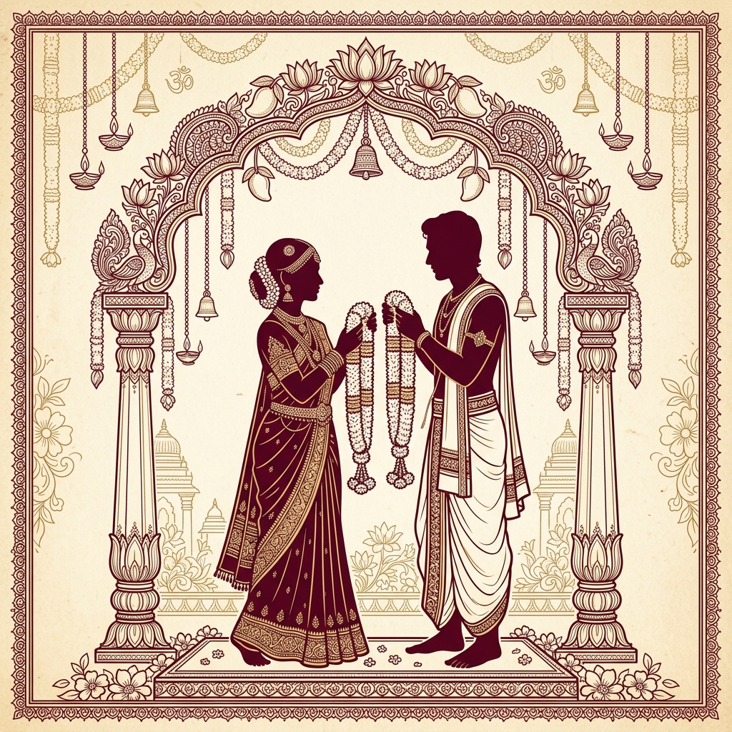 Traditional South Indian Couple Silhouette with Garlands